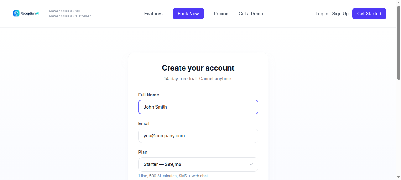 Signup page screenshot showing form fields and plan selector